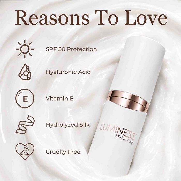 Luminess Color Adjusting Tinted Moisturizer SPF Kit contains hyaluronic acid, vitamin E, and hydrolyzed silk with SPF 50 protection and cruelty-free ingredients.